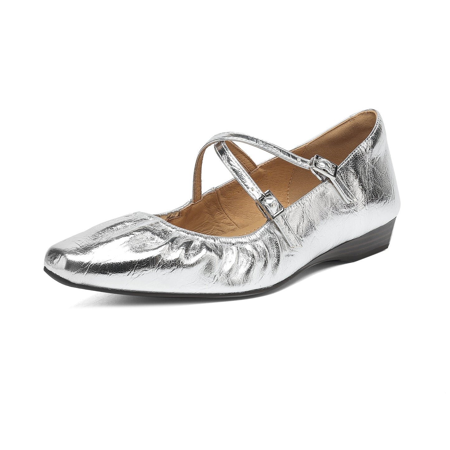 Soft Lambskin Ballet Flats with Pleated Toe - Elegant Cross-Strap Mary Janes