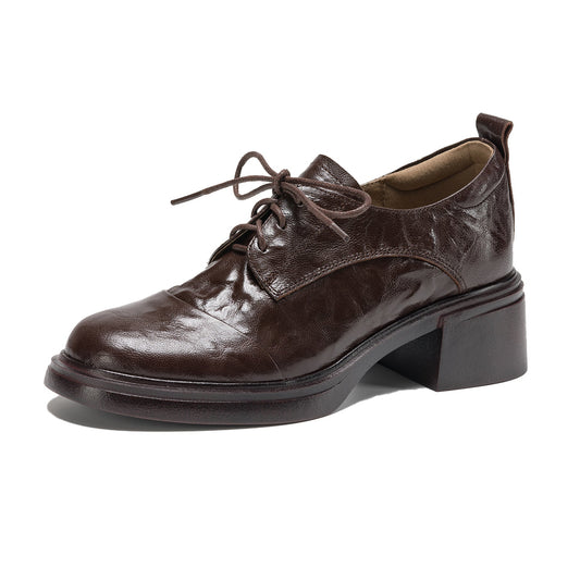 Women's Sheepskin Oxford Shoes - Sophisticated Round Toe Block Heels