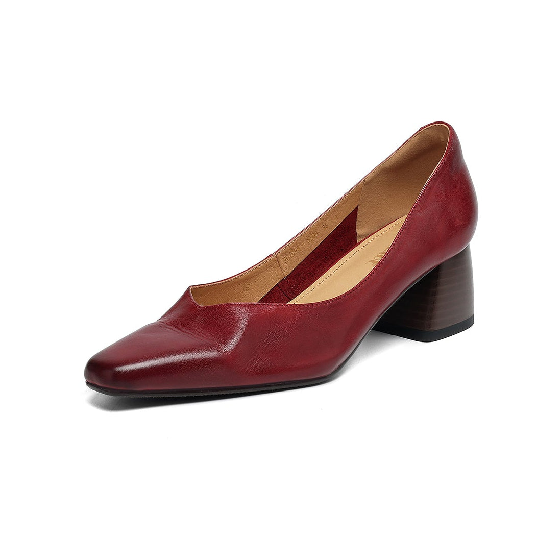 Modern Square-Toe Leather Heels - Hand-Burnished Office Pumps - Luxurious Sheepskin Cushioned Insole