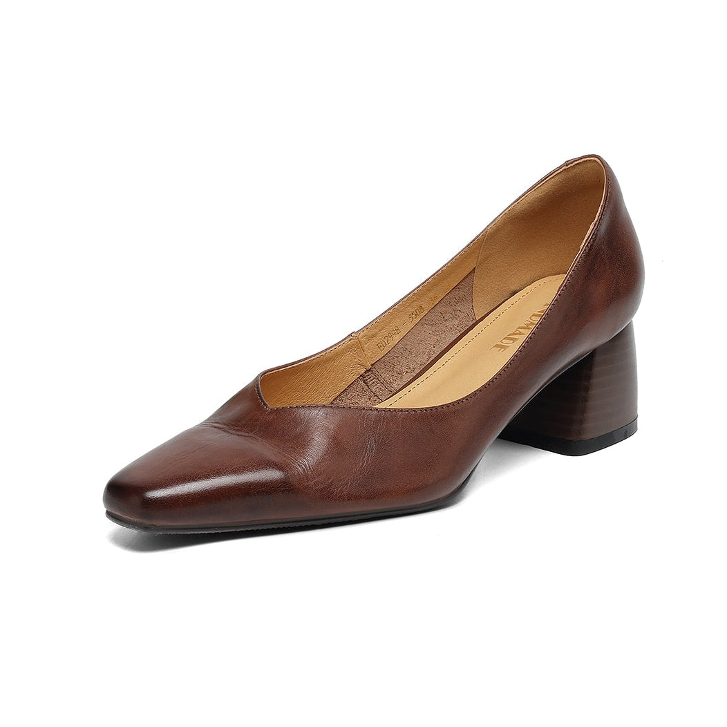 Modern Square-Toe Leather Heels - Hand-Burnished Office Pumps - Luxurious Sheepskin Cushioned Insole
