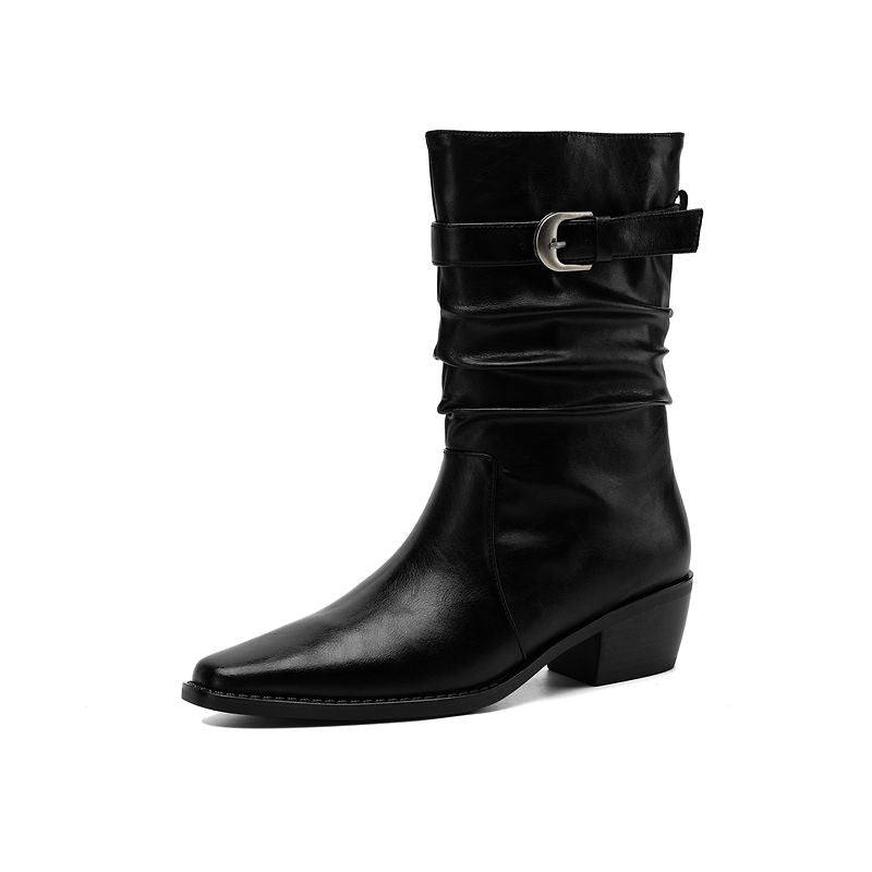 Women's Genuine Leather Western Boots Winter Slouchy Square Toe Block Heel Mid-Calf Boots