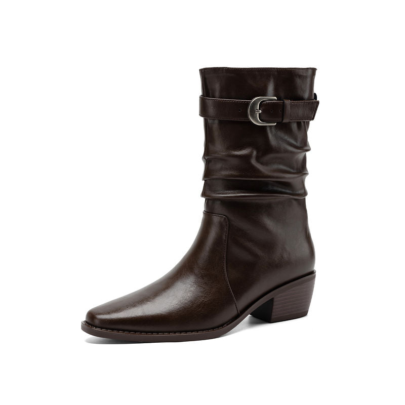 Women's Genuine Leather Western Boots Winter Slouchy Square Toe Block Heel Mid-Calf Boots