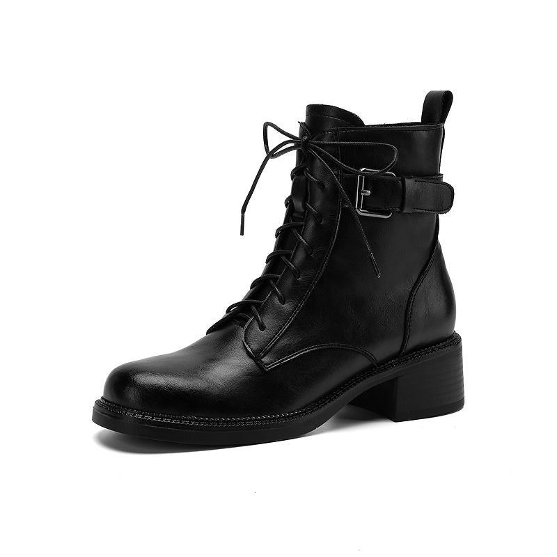 Women's Retro Cowhide Ankle Boots Round Toe Lace-up Buckle Strap Chunky High Heel Combat Booties