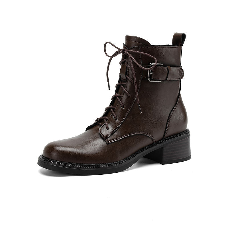 Women's Retro Cowhide Ankle Boots Round Toe Lace-up Buckle Strap Chunky High Heel Combat Booties