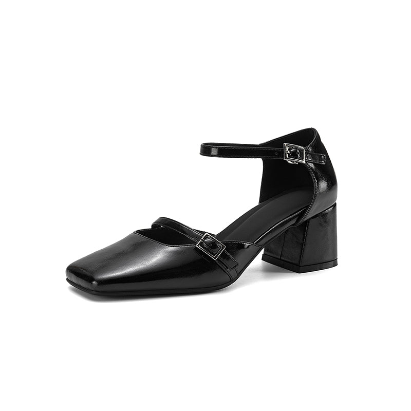 Women’s Sheepskin Square Toe Ankle Strap Block Heel Sandals – Mid Heel Shoes