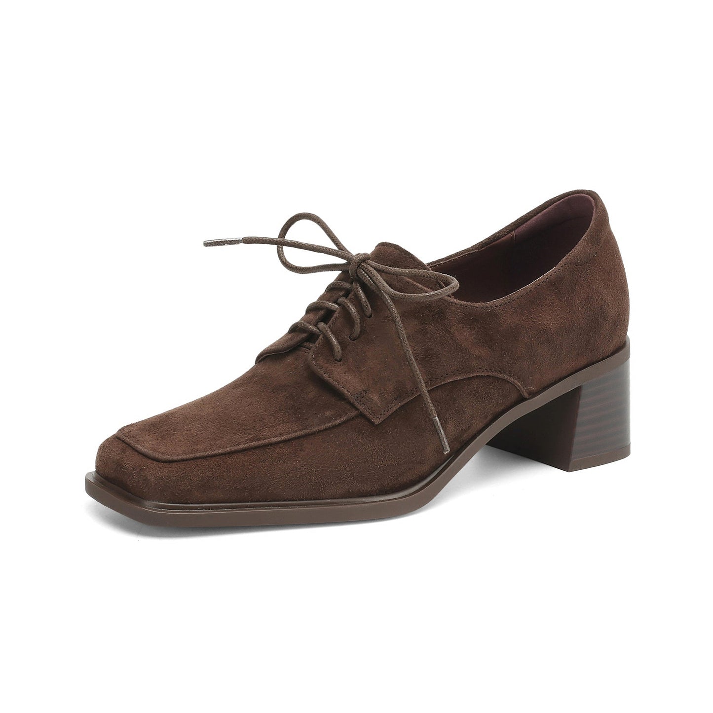 Women‘s Retro Suede Oxfords Vintage Square Toe Lace-up Block Heel Pumps