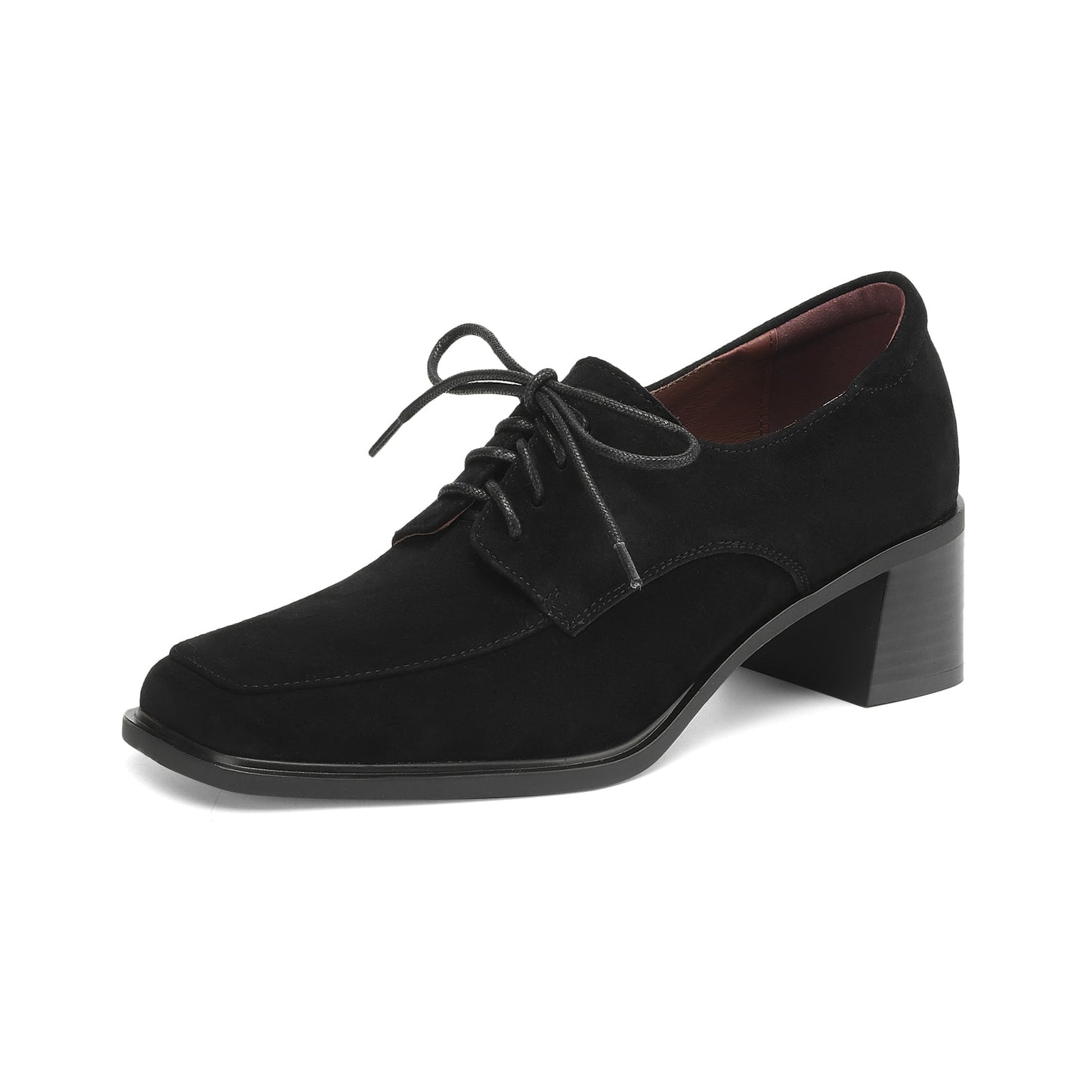Women‘s Retro Suede Oxfords Vintage Square Toe Lace-up Block Heel Pumps