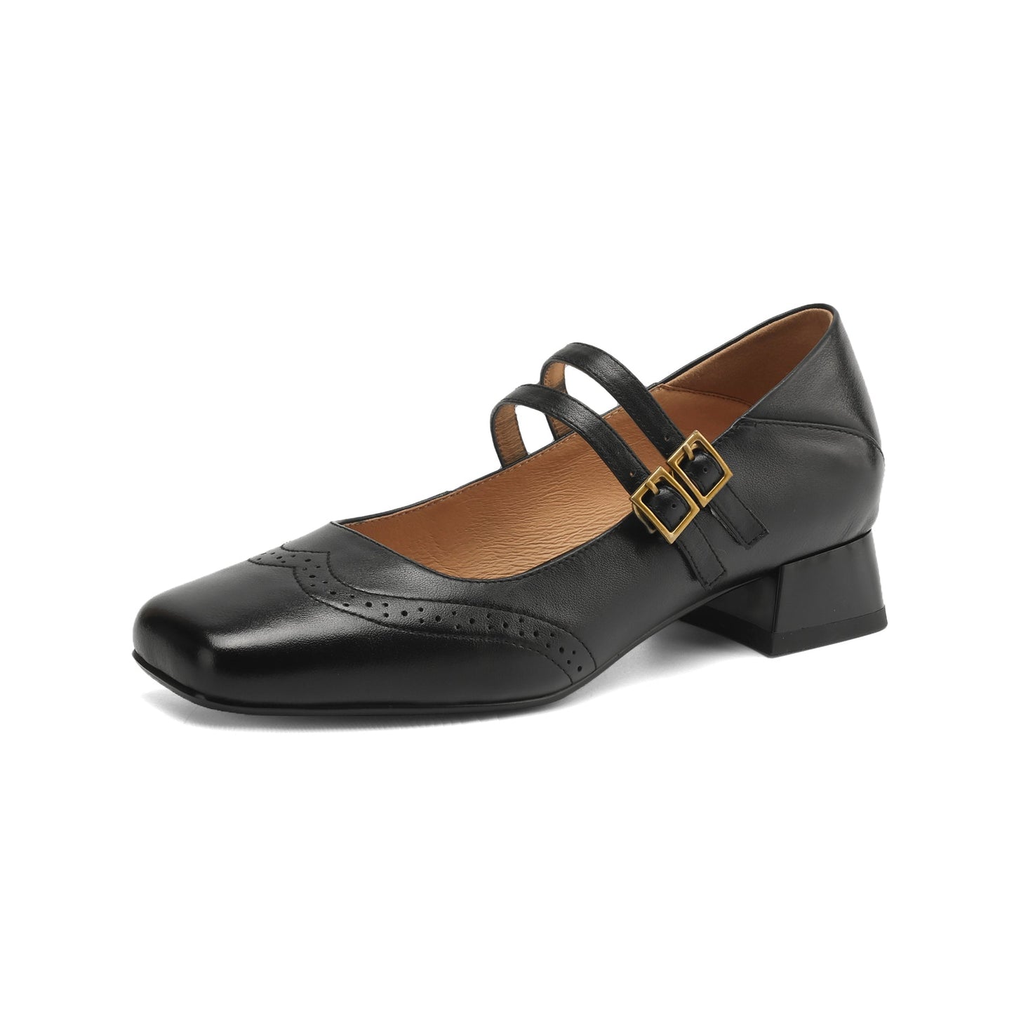 Women's Vintage Brogue Leather Low Heel - Double Buckle Strap Mary Janes