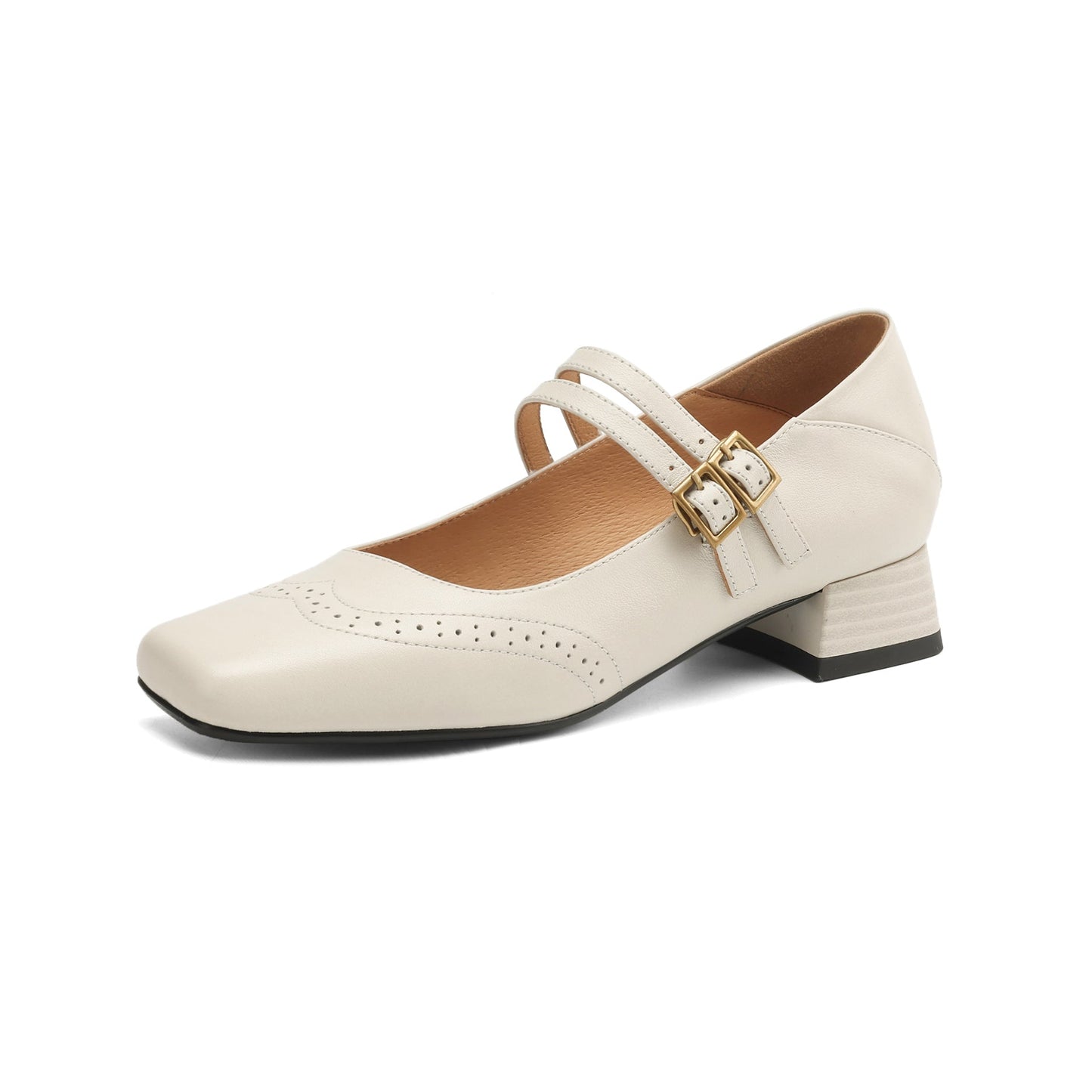 Women's Vintage Brogue Leather Low Heel - Double Buckle Strap Mary Janes