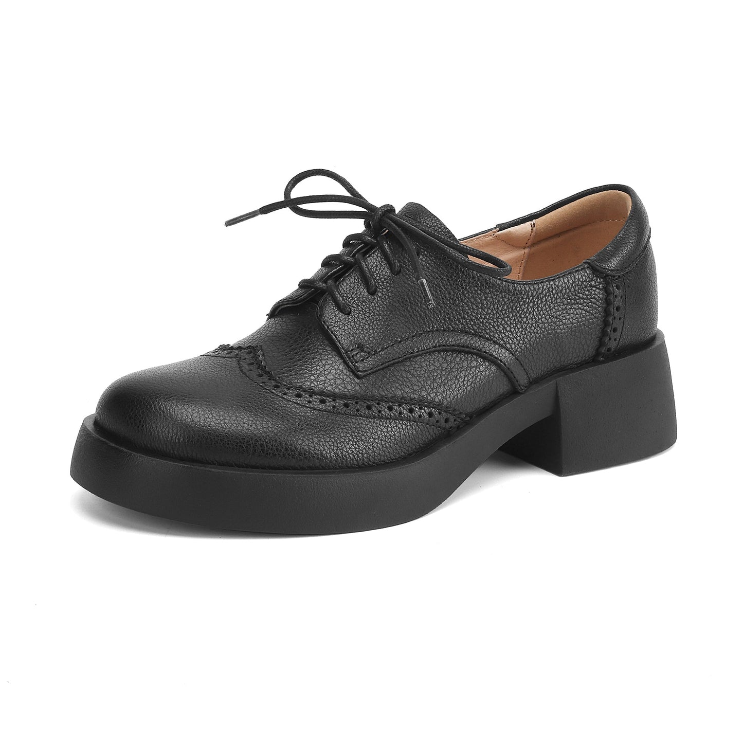 Women's Sheepskin Brogue Oxfords Retro Round Toe Lace-up Platform Chunky Heel Derby Shoes