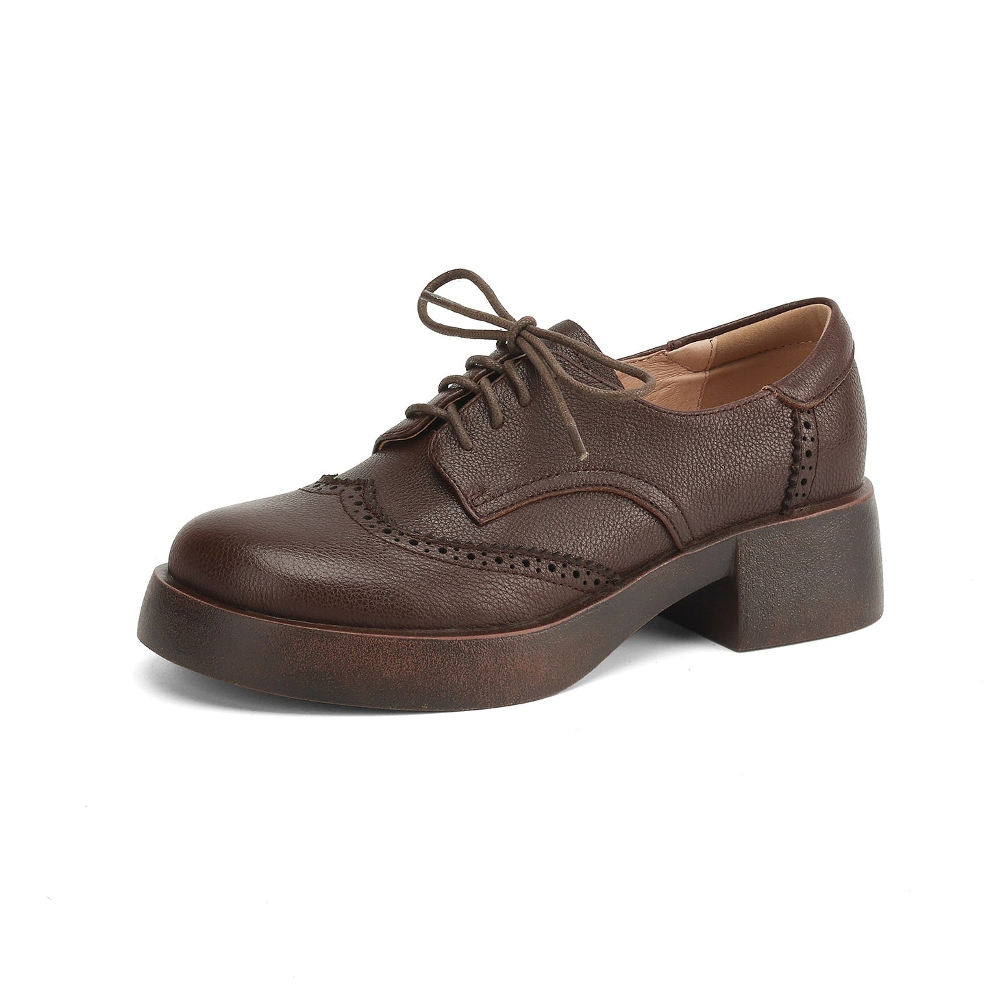 Women's Sheepskin Brogue Oxfords Retro Round Toe Lace-up Platform Chunky Heel Derby Shoes
