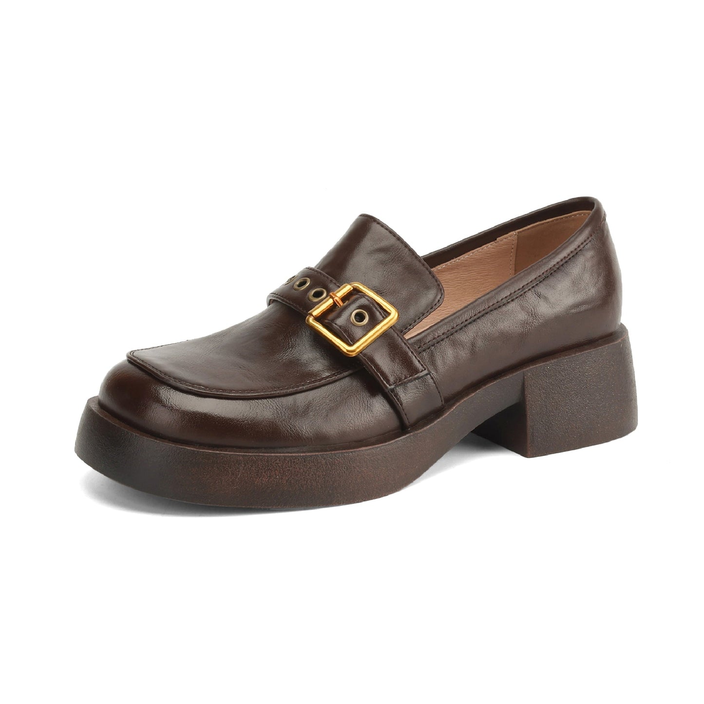 Women's Leather Slip-On Loafers - Grommet Buckle Detail - 4.5cm Mid Block Heel