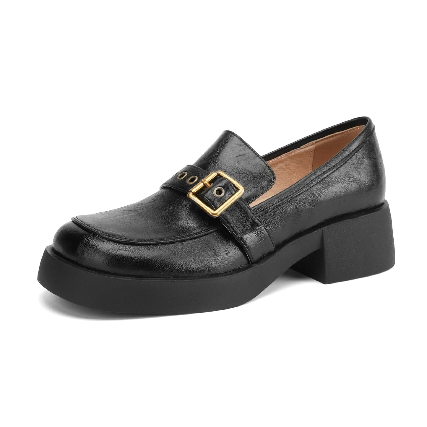 Women's Leather Slip-On Loafers - Grommet Buckle Detail - 4.5cm Mid Block Heel