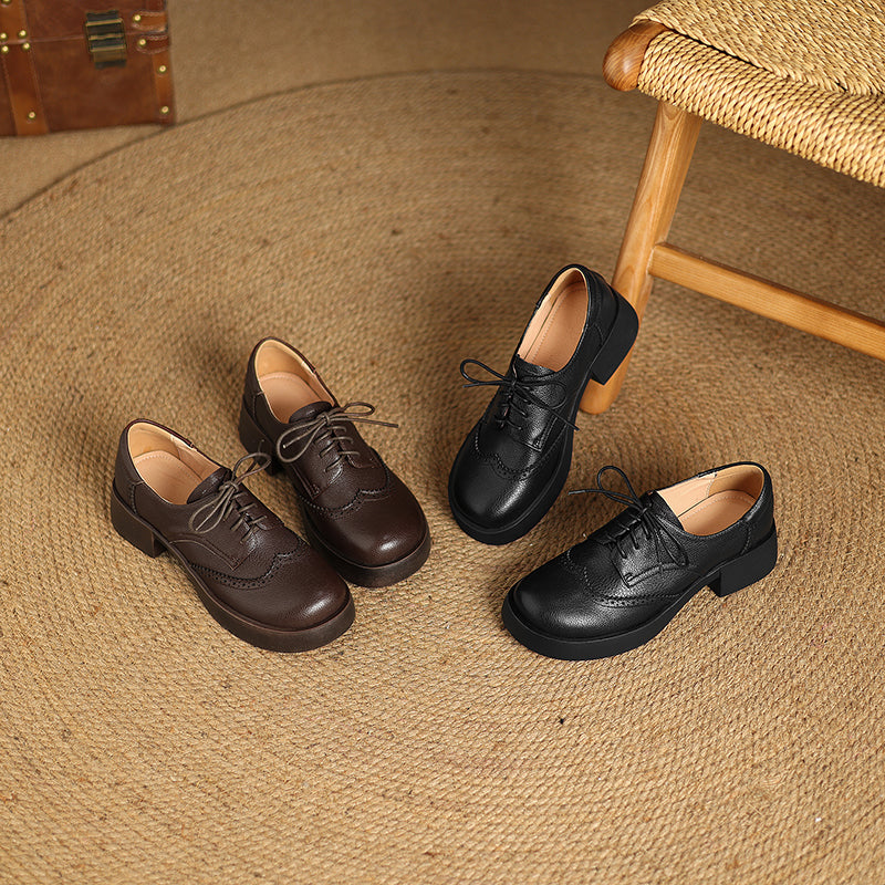 Women's Sheepskin Brogue Oxfords Retro Round Toe Lace-up Platform Chunky Heel Derby Shoes