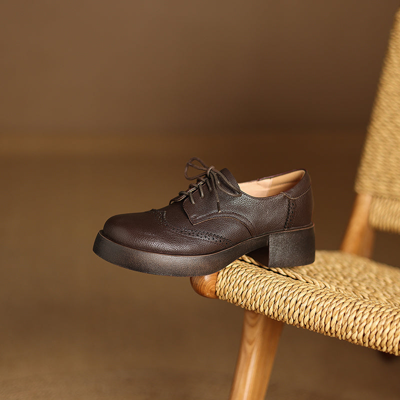 Women's Sheepskin Brogue Oxfords Retro Round Toe Lace-up Platform Chunky Heel Derby Shoes