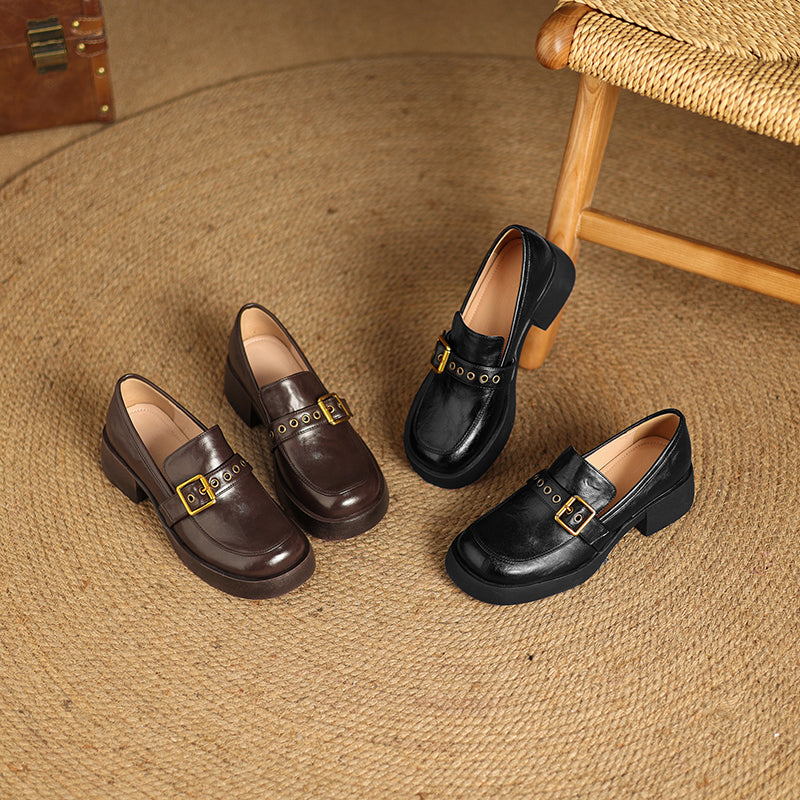 Women's Leather Slip-On Loafers - Grommet Buckle Detail - 4.5cm Mid Block Heel