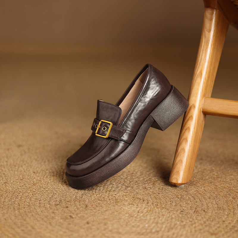 Women's Leather Slip-On Loafers - Grommet Buckle Detail - 4.5cm Mid Block Heel