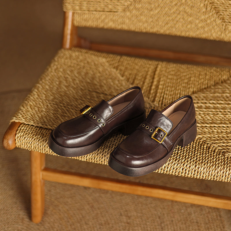 Women's Leather Slip-On Loafers - Grommet Buckle Detail - 4.5cm Mid Block Heel