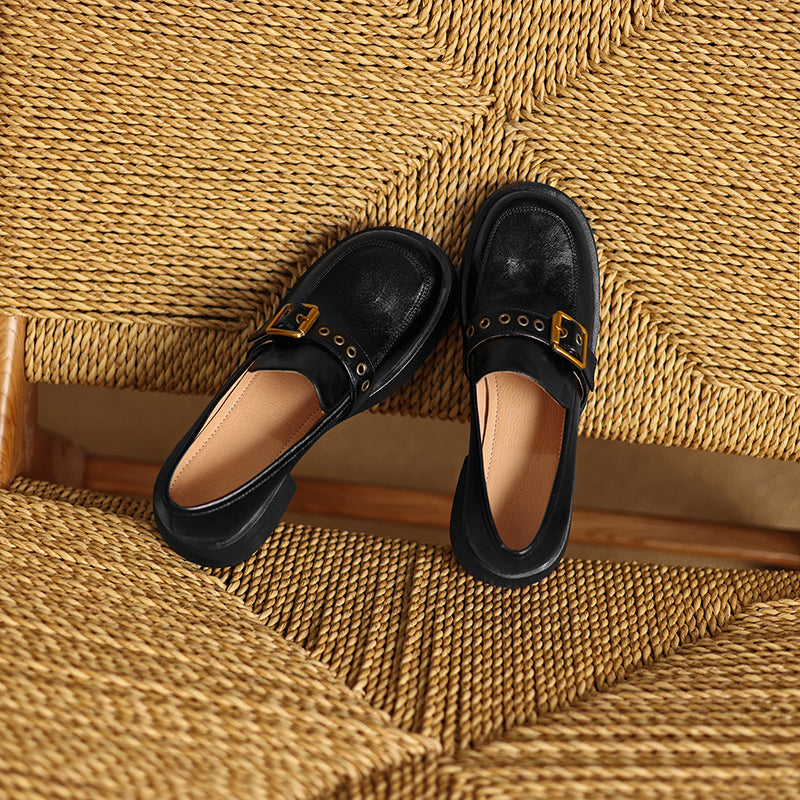 Women's Leather Slip-On Loafers - Grommet Buckle Detail - 4.5cm Mid Block Heel