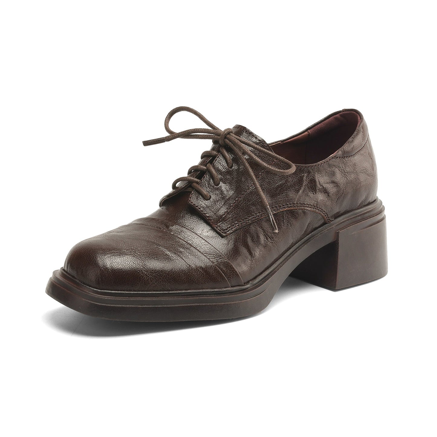 Women's Retro Sheepskin Oxfords Vintage Square Toe Lace-up Block Heel Pumps