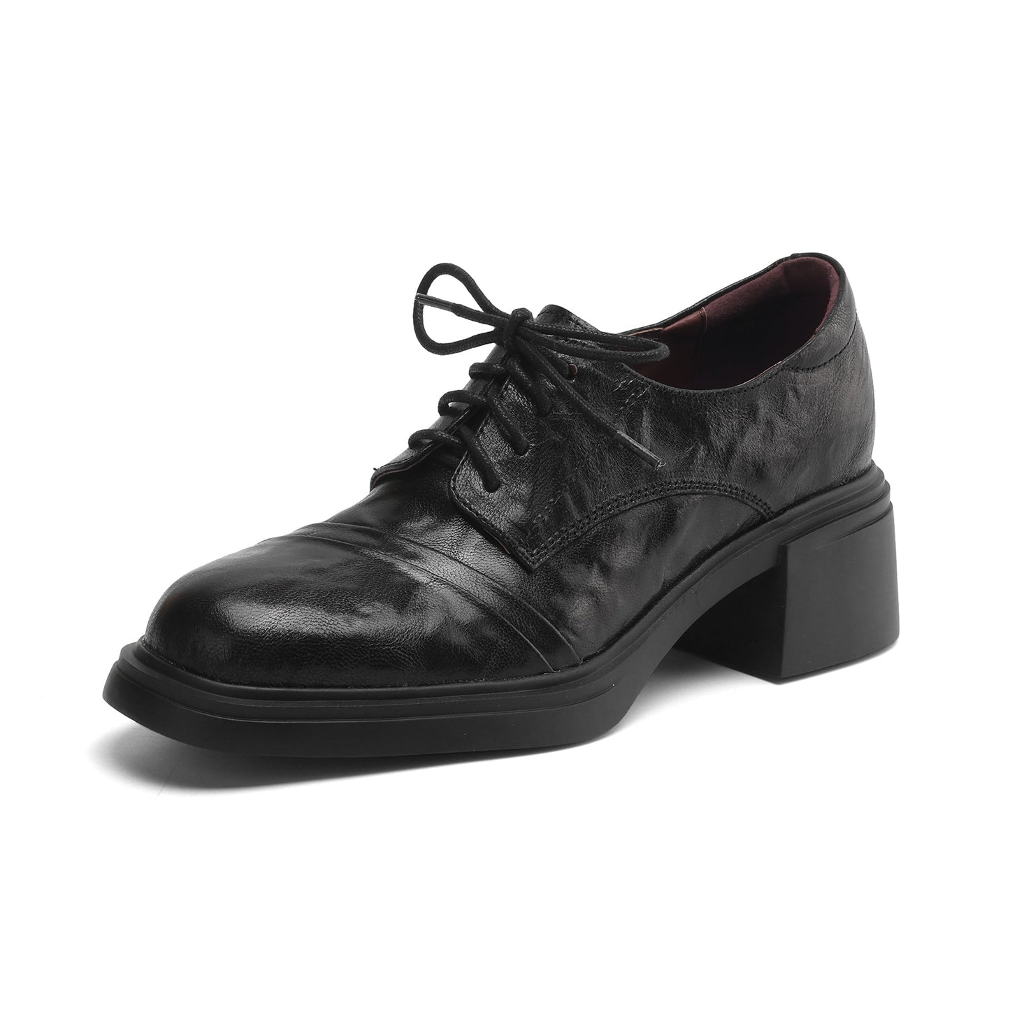 Women's Retro Sheepskin Oxfords Vintage Square Toe Lace-up Block Heel Pumps