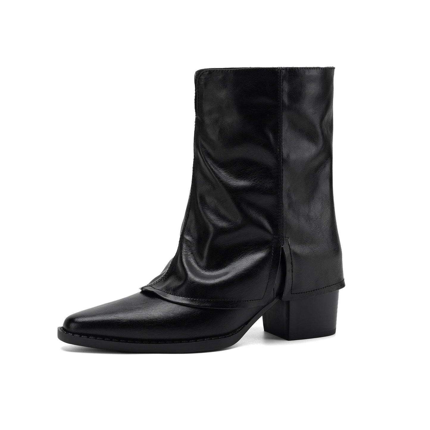 Women‘s Retro Cowhide Ankle Boots Vintage Square Toe Slouchy Slip-on Block High Heel Booties