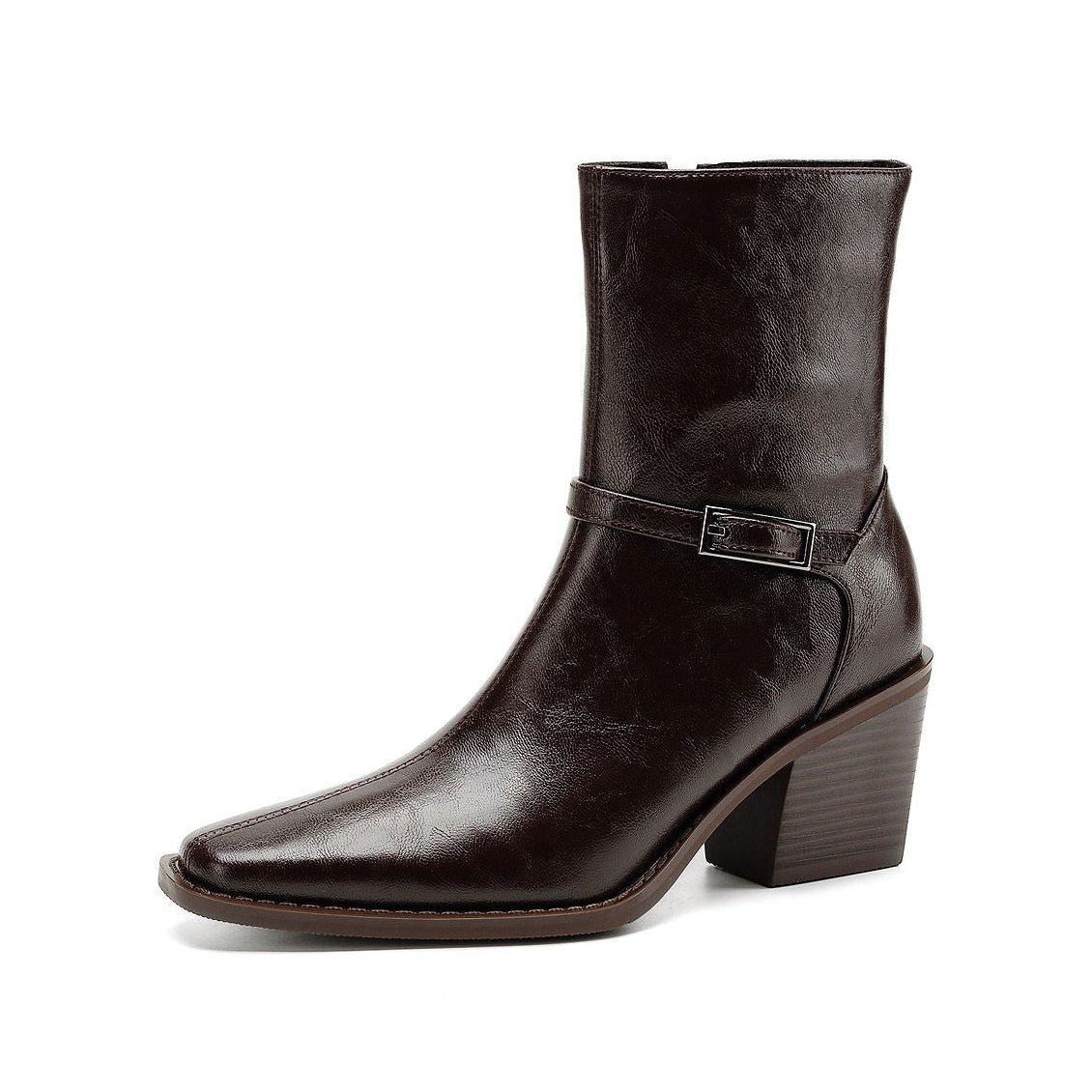 Women's Retro Cowhide Ankle Boots Square Toe Buckle Strap Chunky High Heel Zipper Booties