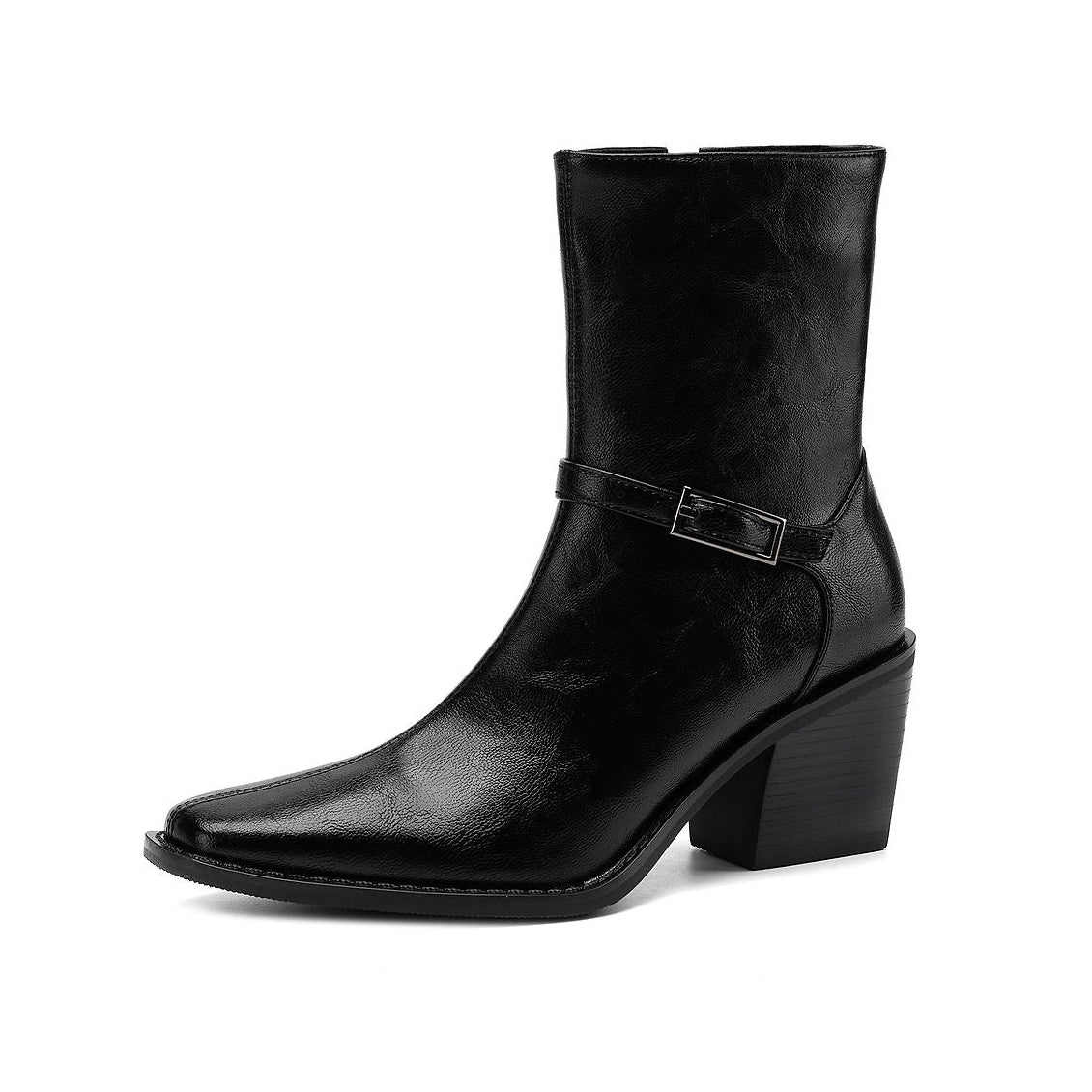 Women's Retro Cowhide Ankle Boots Square Toe Buckle Strap Chunky High Heel Zipper Booties