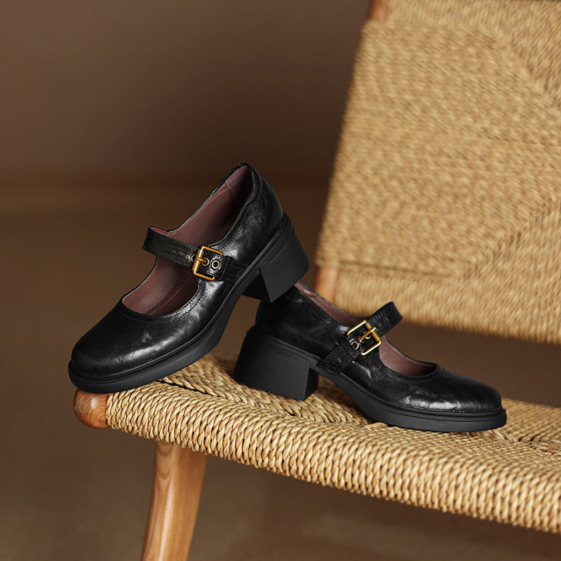Women's Sheepskin Mary Janes - 5.0cm Chunky Block Heel - Round Toe Platform Heels