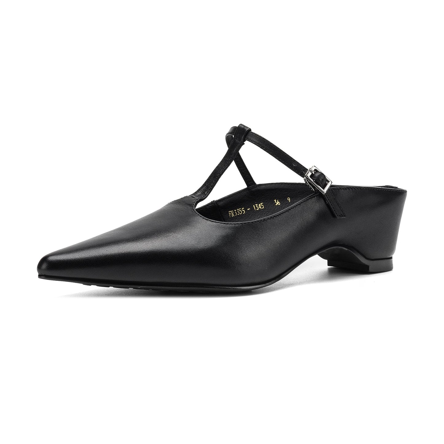 Womens Pointed Toe T-Strap Leather Mules Vintage Kitten Heel Slip-on Sandals
