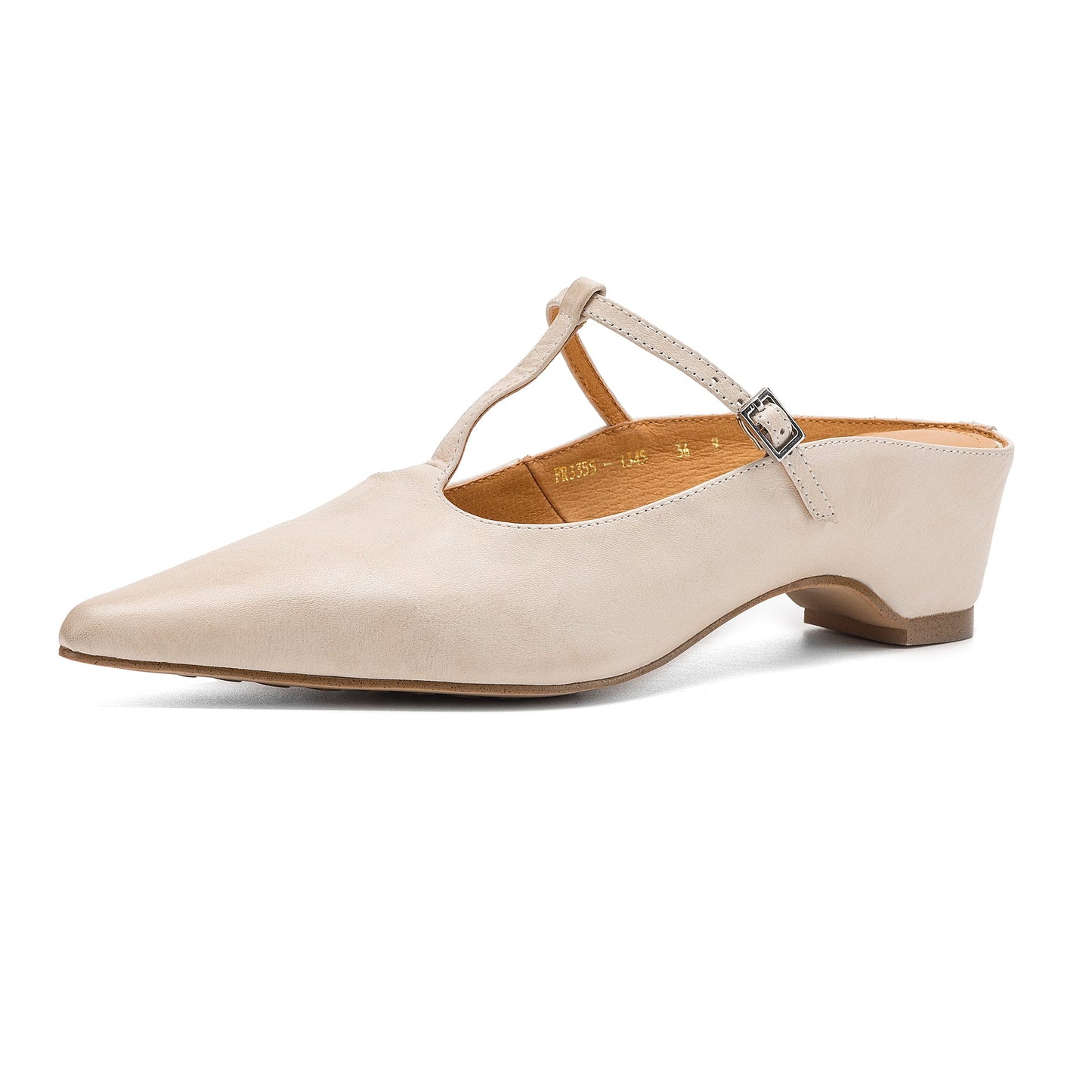 Womens Pointed Toe T-Strap Leather Mules Vintage Kitten Heel Slip-on Sandals