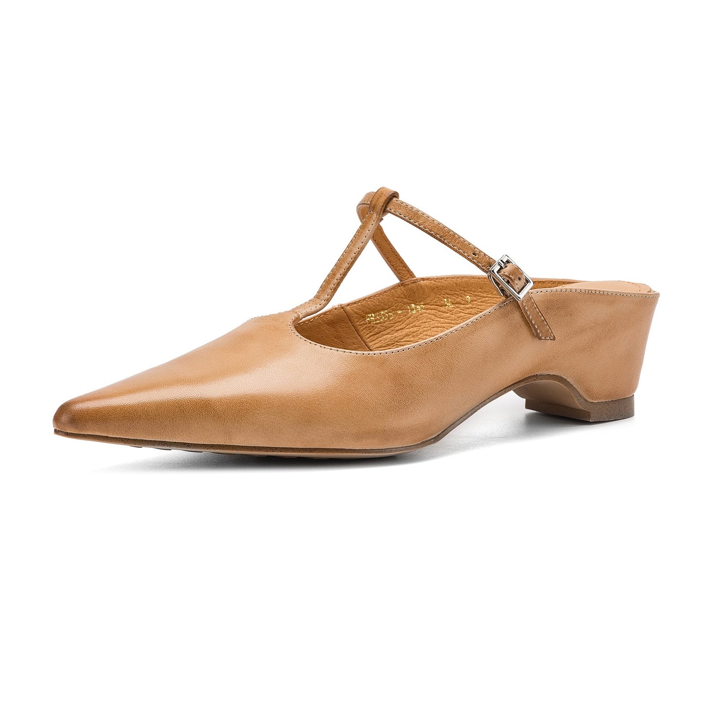 Womens Pointed Toe T-Strap Leather Mules Vintage Kitten Heel Slip-on Sandals