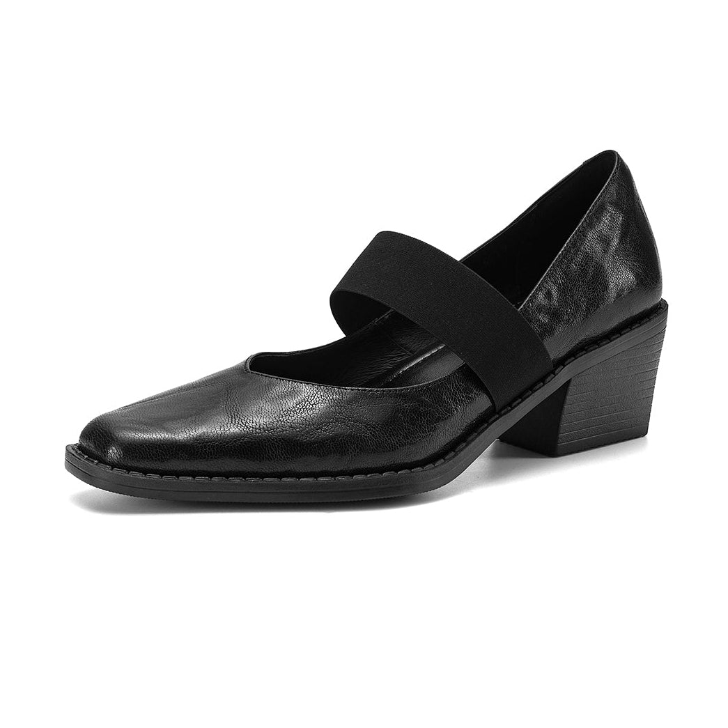Women’s Sheepskin Square Toe Block Heel Shoes – Elastic Strap Mid Heel Pumps