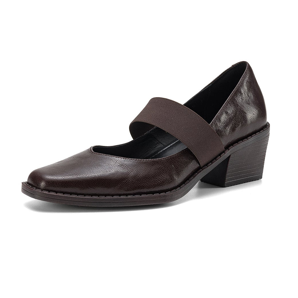 Women’s Sheepskin Square Toe Block Heel Shoes – Elastic Strap Mid Heel Pumps