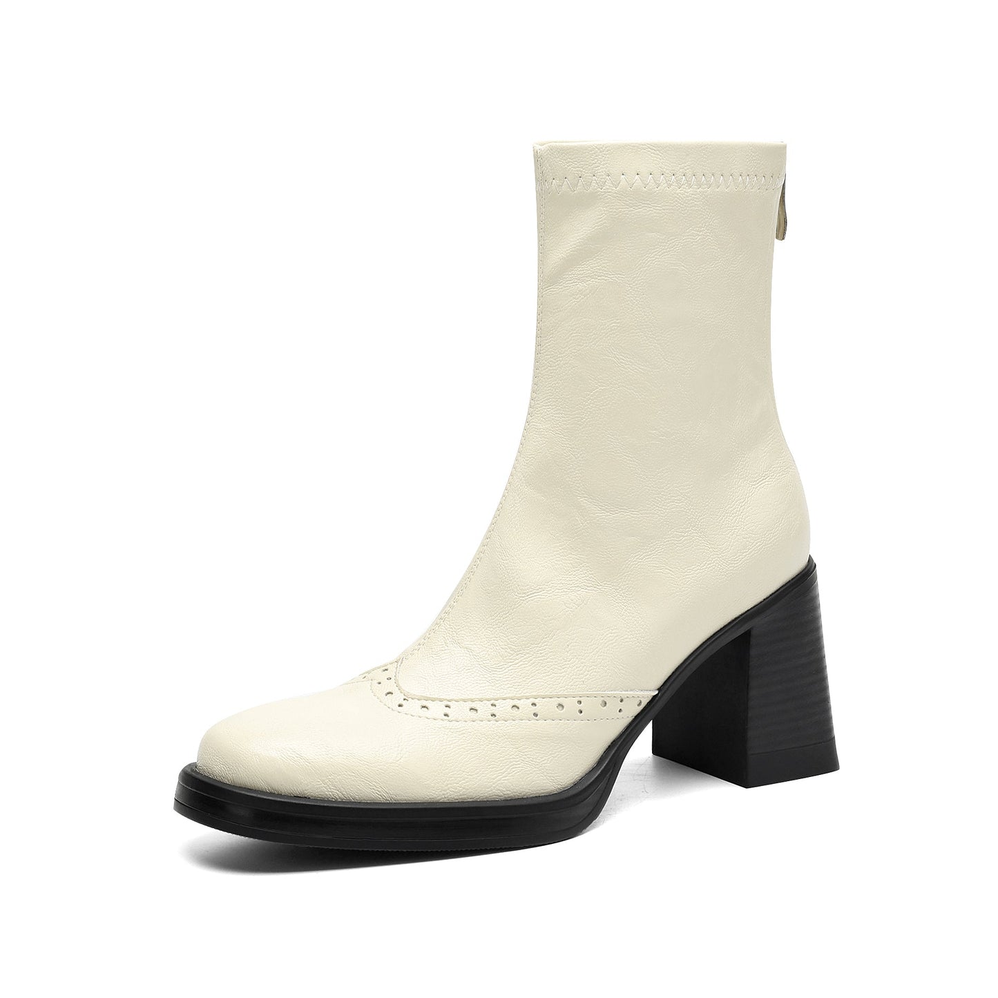Women's Retro Leather Brogue Boots Vintage Round Toe Block High Heel Ankle Booties