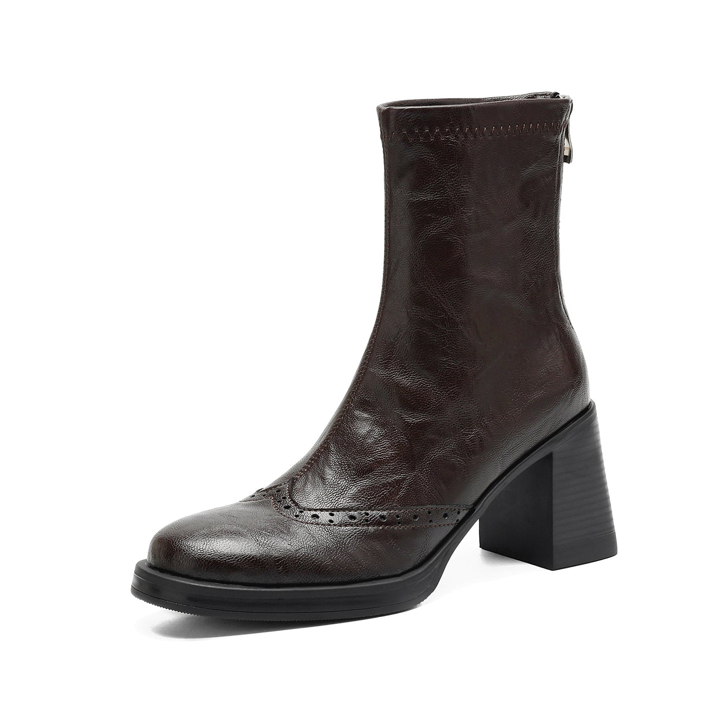 Women's Retro Leather Brogue Boots Vintage Round Toe Block High Heel Ankle Booties
