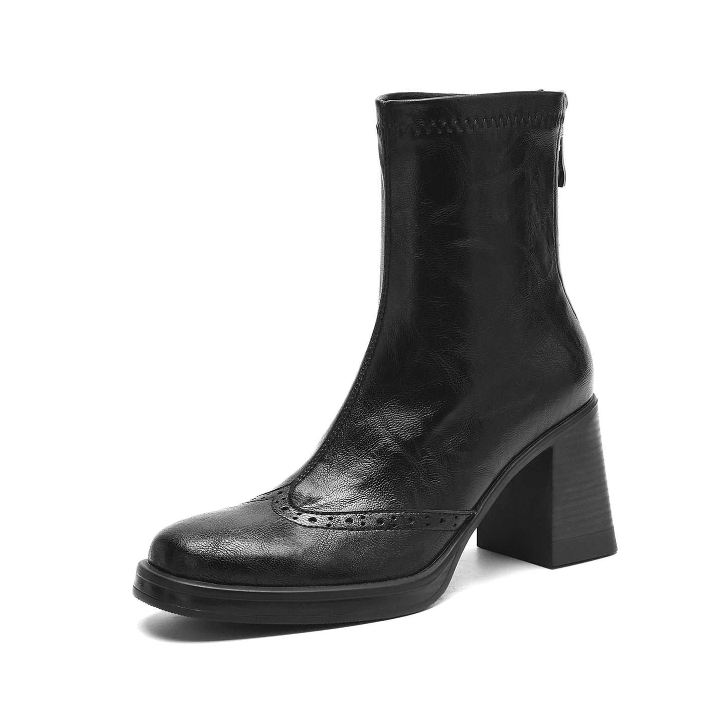 Women's Retro Leather Brogue Boots Vintage Round Toe Block High Heel Ankle Booties