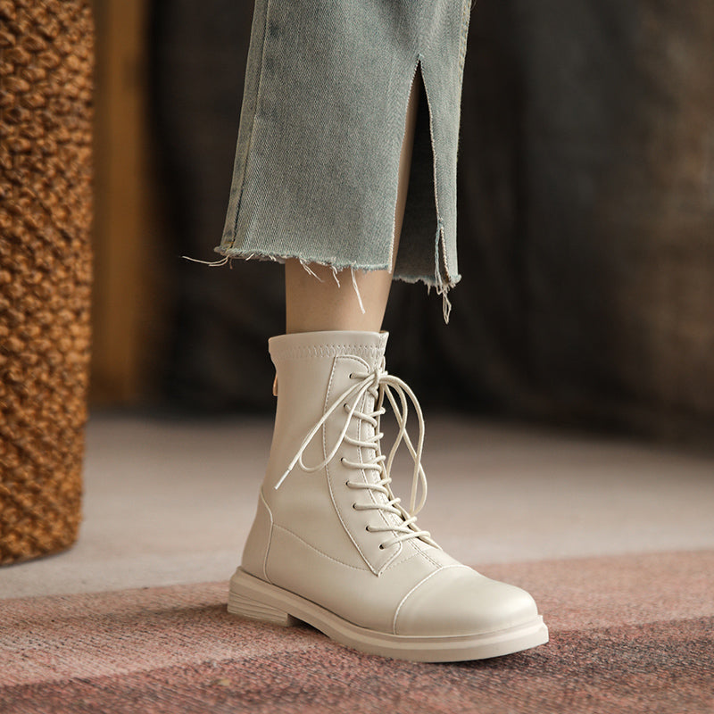 Women's Leather Ankle Boots Round Toe Lace-up Zipper Stretch Combat Flat Booties