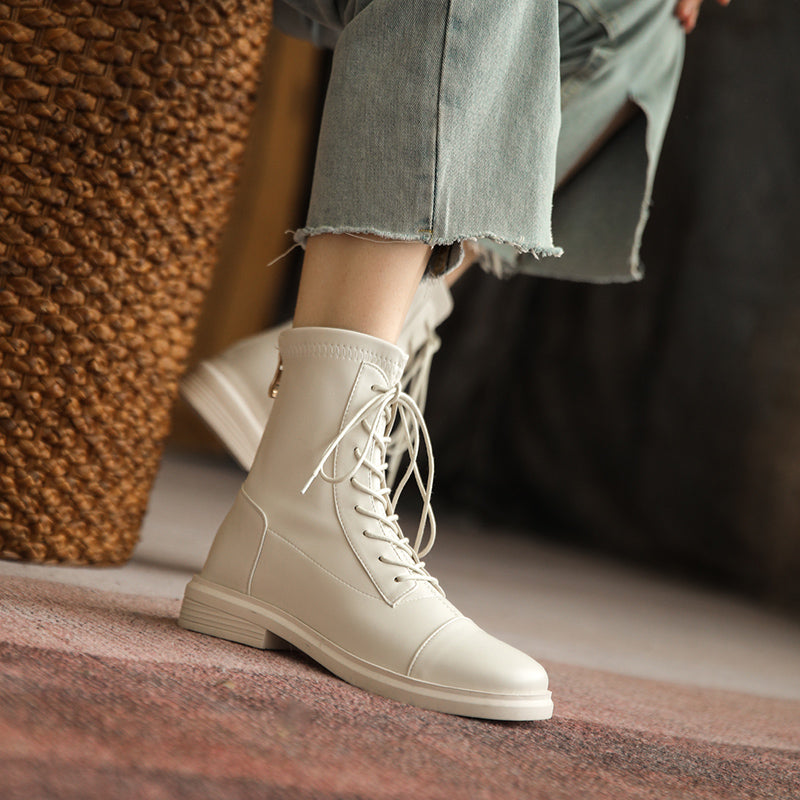 Women's Leather Ankle Boots Round Toe Lace-up Zipper Stretch Combat Flat Booties