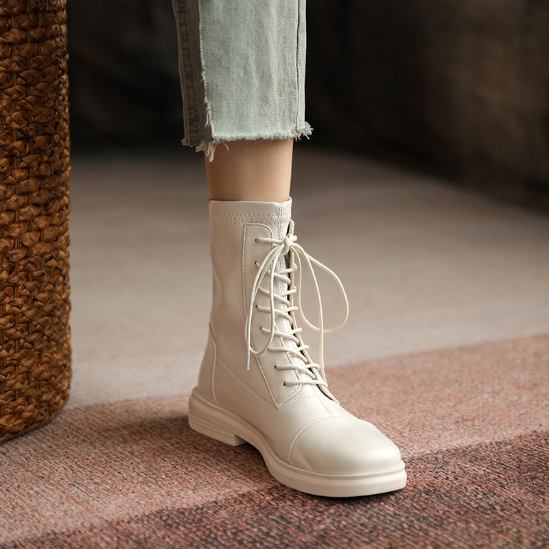 Women's Leather Ankle Boots Round Toe Lace-up Zipper Stretch Combat Flat Booties