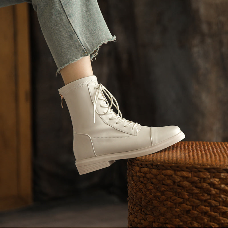 Women's Leather Ankle Boots Round Toe Lace-up Zipper Stretch Combat Flat Booties