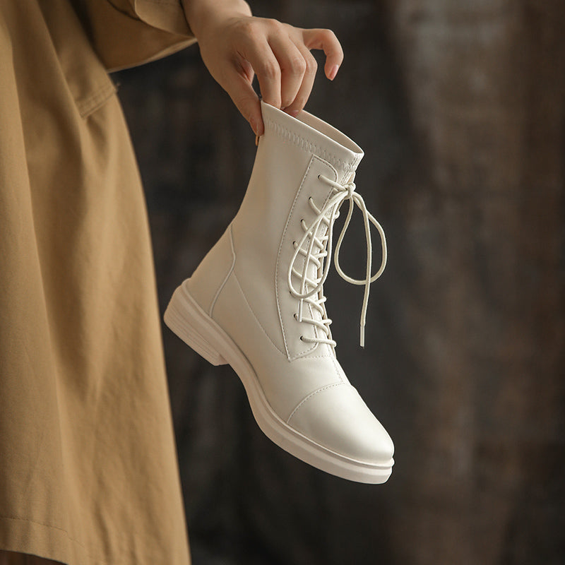 Women's Leather Ankle Boots Round Toe Lace-up Zipper Stretch Combat Flat Booties