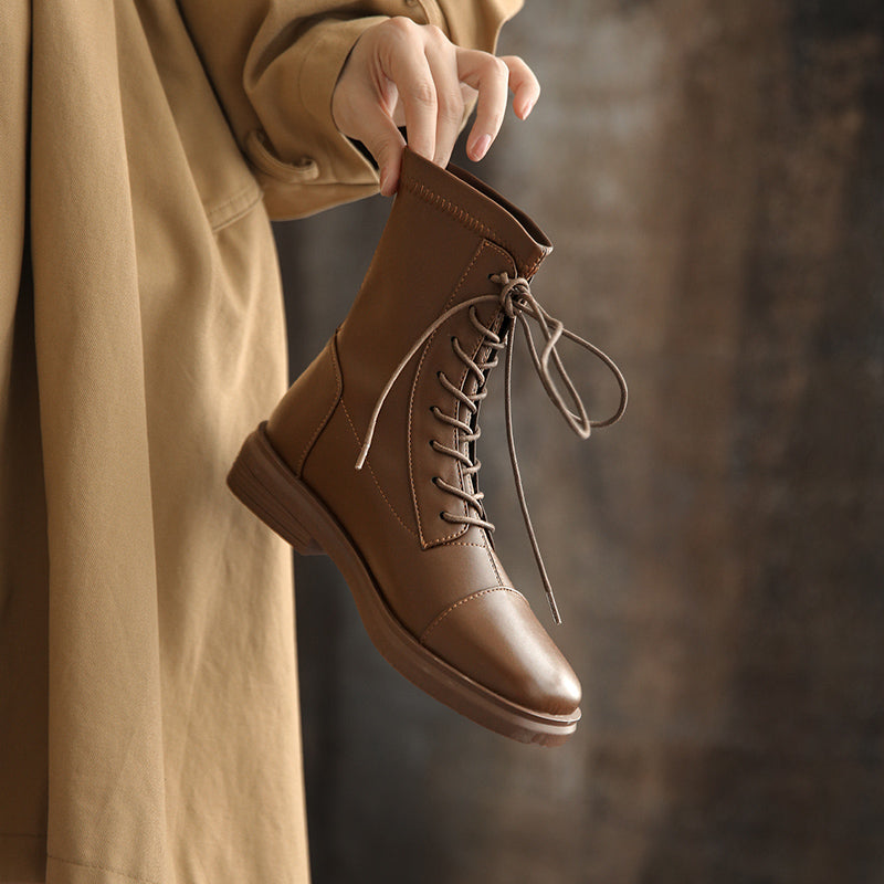 Women's Leather Ankle Boots Round Toe Lace-up Zipper Stretch Combat Flat Booties