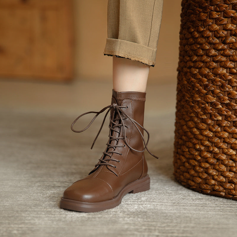 Women's Leather Ankle Boots Round Toe Lace-up Zipper Stretch Combat Flat Booties