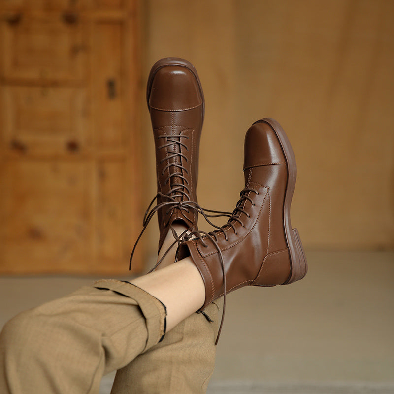 Women's Leather Ankle Boots Round Toe Lace-up Zipper Stretch Combat Flat Booties