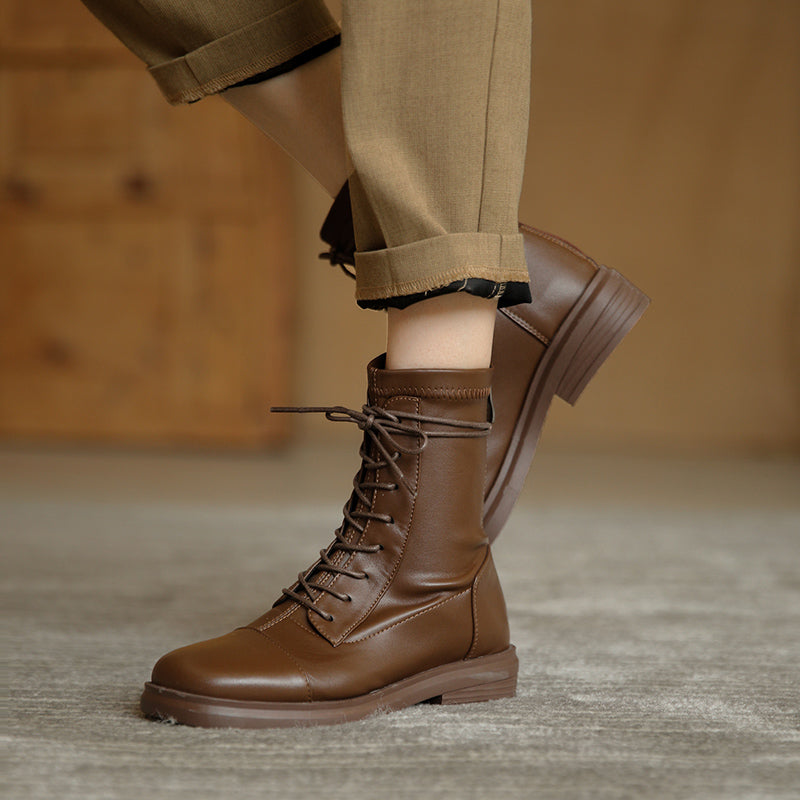 Women's Leather Ankle Boots Round Toe Lace-up Zipper Stretch Combat Flat Booties