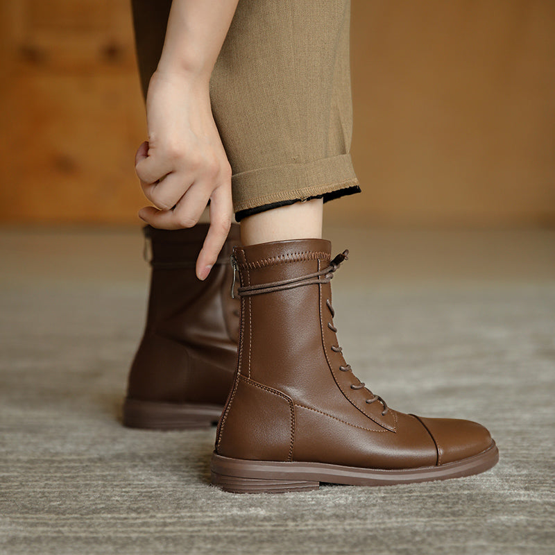 Women's Leather Ankle Boots Round Toe Lace-up Zipper Stretch Combat Flat Booties