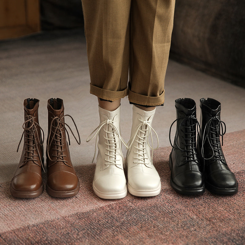 Women's Leather Ankle Boots Round Toe Lace-up Zipper Stretch Combat Flat Booties