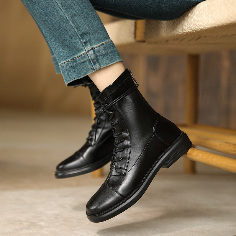 Women's Leather Ankle Boots Round Toe Lace-up Zipper Stretch Combat Flat Booties