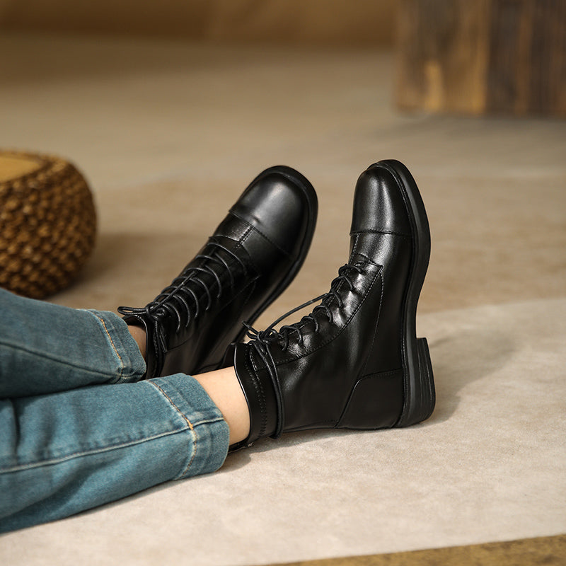 Women's Leather Ankle Boots Round Toe Lace-up Zipper Stretch Combat Flat Booties